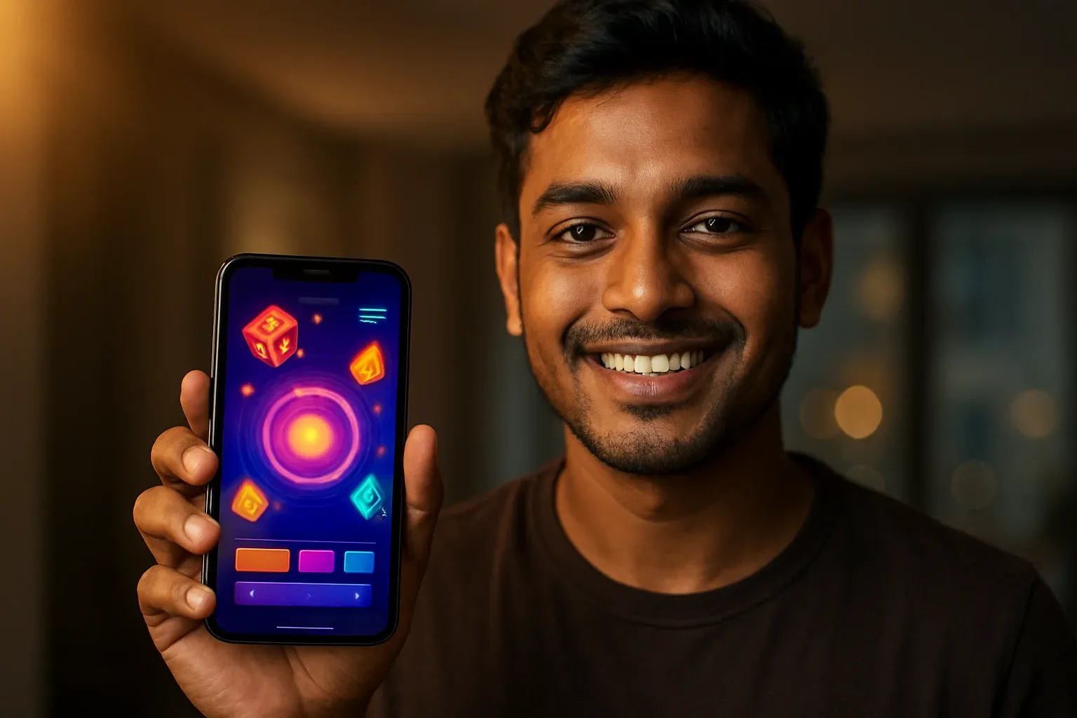 Young Bangladeshi man holding smartphone showing glowing mobile casino app interface