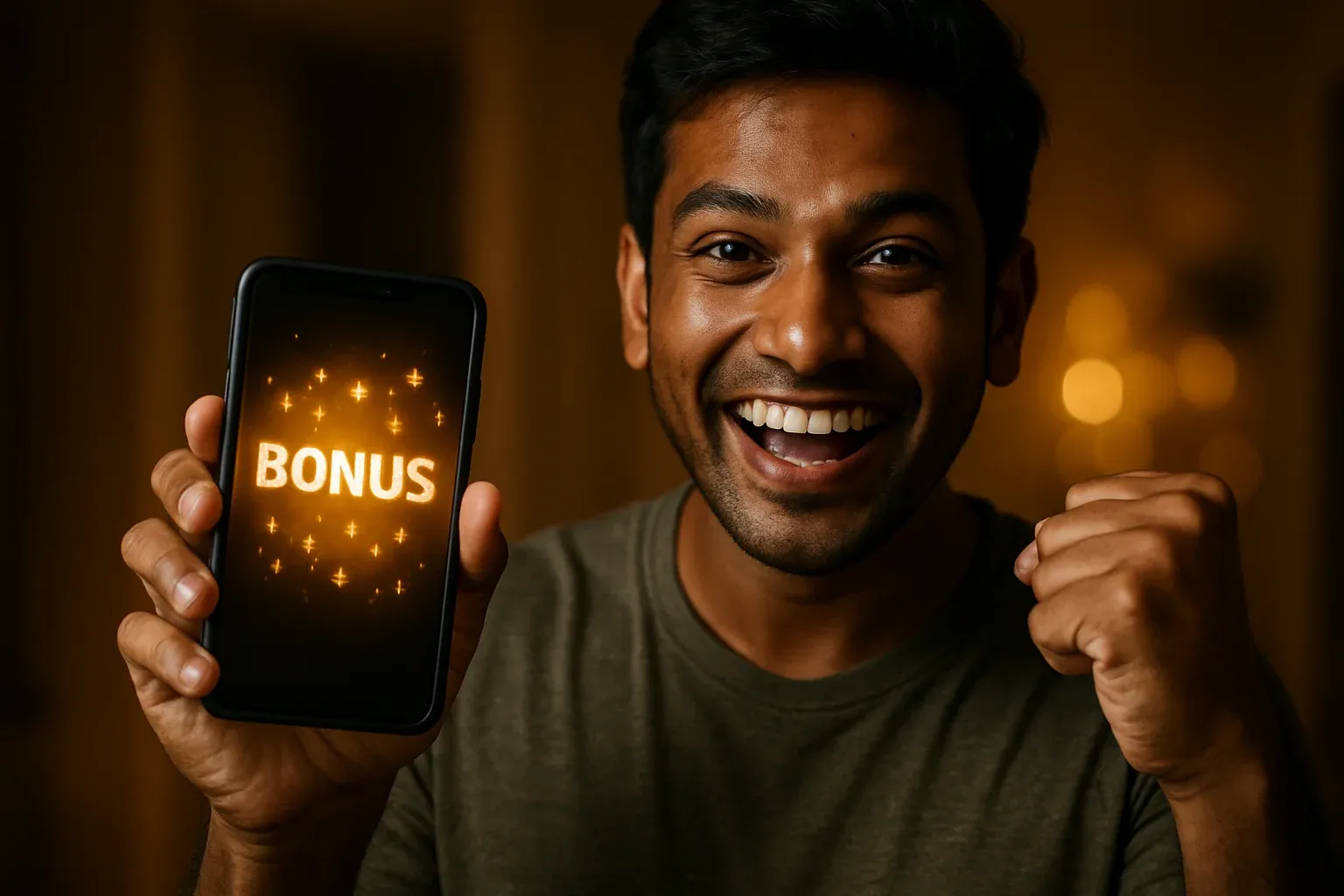 Joyful Bangladeshi man celebrating with smartphone showing glowing golden bonus notification