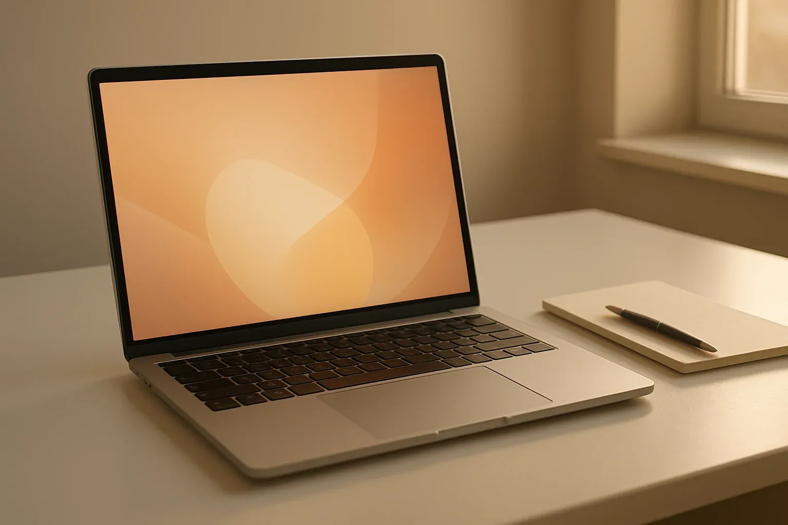 Modern laptop on white desk with abstract glowing screen in daylight
