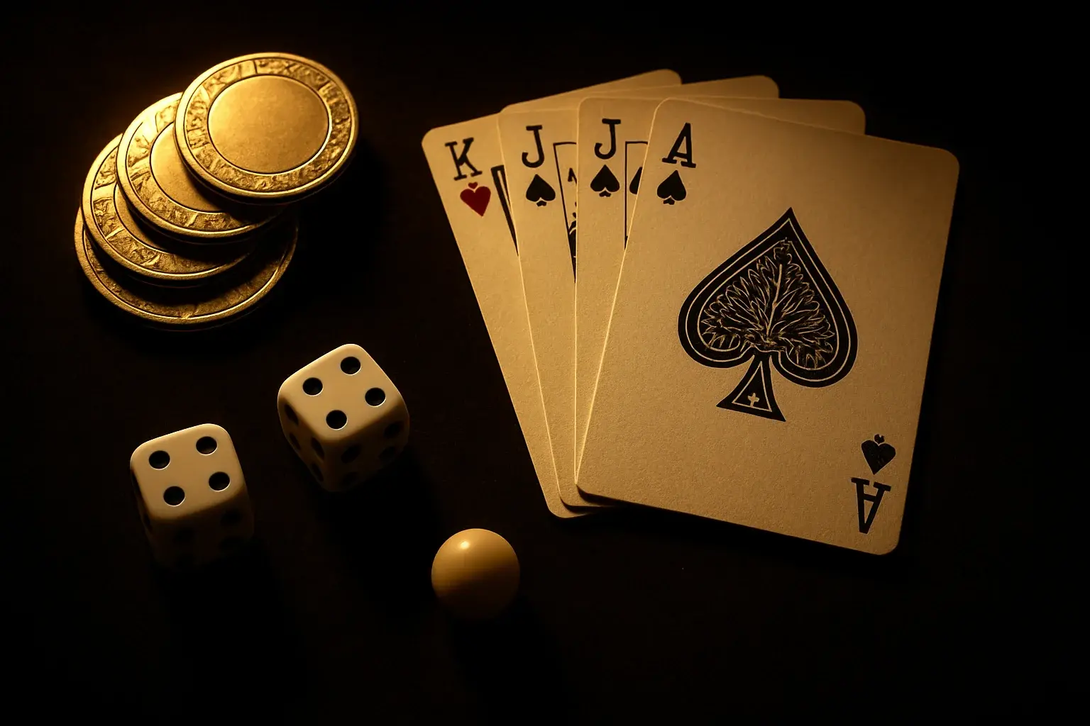 Top-down flat-lay of velvet surface with gold chips, cards, dice, roulette ball