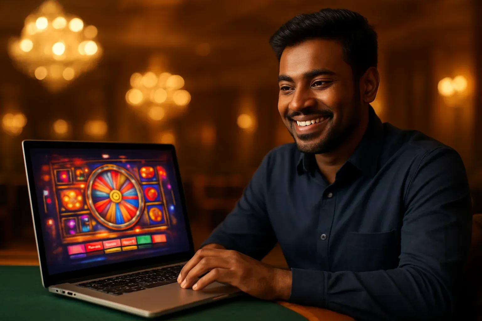 Cheerful Bangladeshi man smiling at laptop with glowing casino interface
