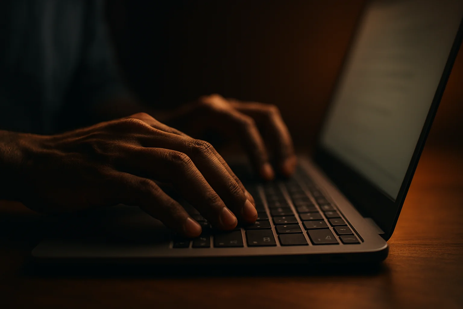 Bangladeshi man hands typing on laptop keyboard with dramatic lighting