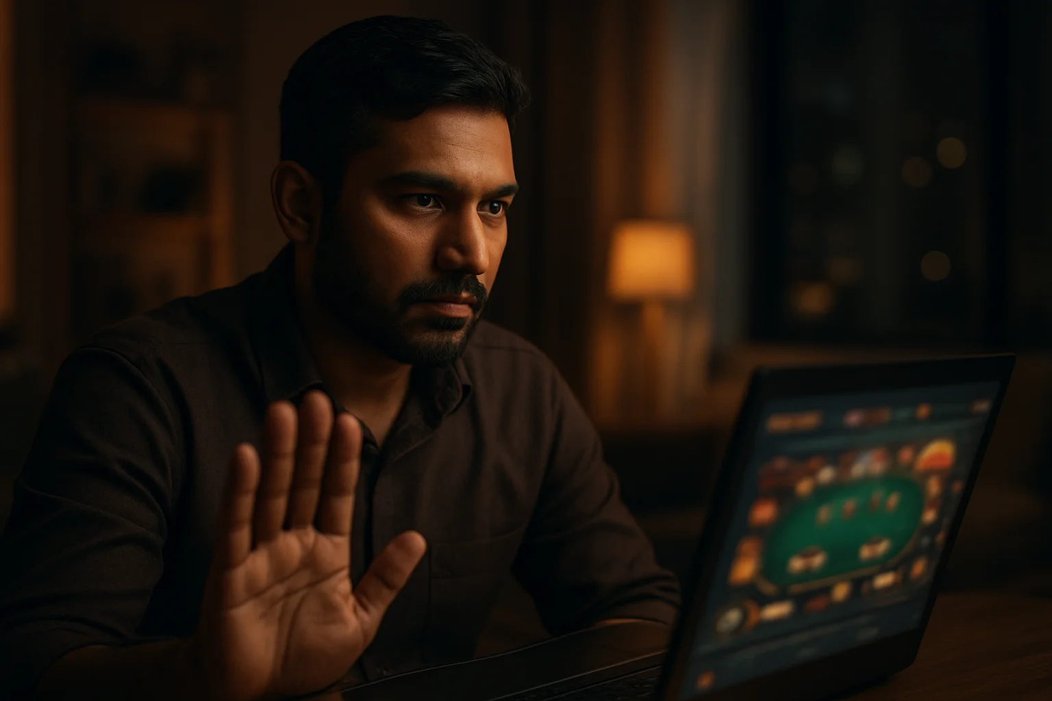 Confident Bangladeshi man shows stop gesture by laptop with blurred casino