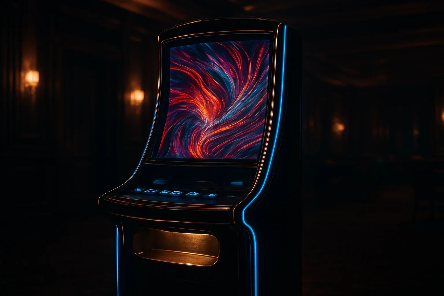Hyperrealistic premium slot machine in dark luxury setting with neon lighting
